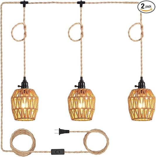 3 Light Plug in Pendant Light Rattan Hanging Lights with Switch 22FT Industrial Ceiling Light,Plug in Cord with Woven Hemp Rope Lamp Shade, Hanging Lamp Cord Farmhouse Cable DIY