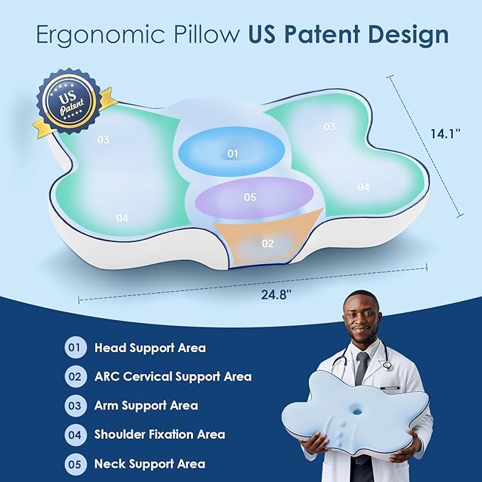 Cervical Pillow for Neck and Shoulder, Ergonomic Side Sleeper Pillow for Pain Relief, Cooling Memory Foam Pillows for Sleeping, Contour Pillow Orthopedic Bed Pillow for Back Stomach Sleepers (Blue)