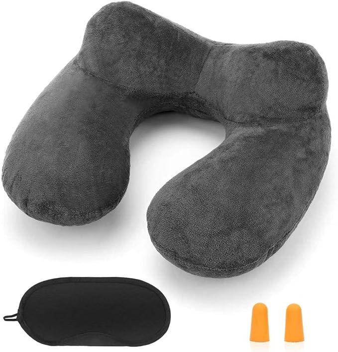 Inflatable Travel Pillow for Airplane Inflatable Neck Pillow for Traveling with Soft Velvet Washable Cover for Sleeping, Airplane,Train, Car, Office, Contoured Eye Masks, Earplugs (Dark Gray)