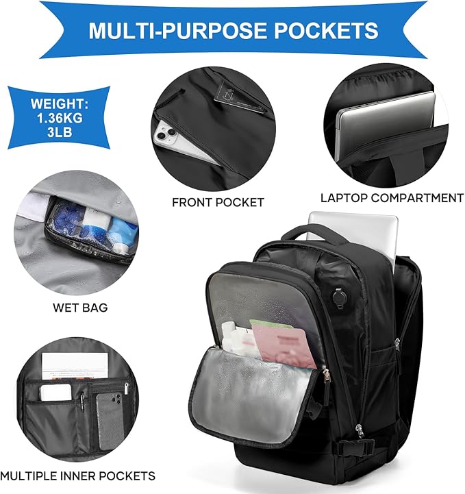 coowoz Vacuum Backpack Travel with Pump,Travel Backpack with Vacuum System For Women Men,Carry On Backpack,Hiking Backpack Waterproof Outdoor Sports Rucksack Casual Daypack,30L(Vacuum pump),Black