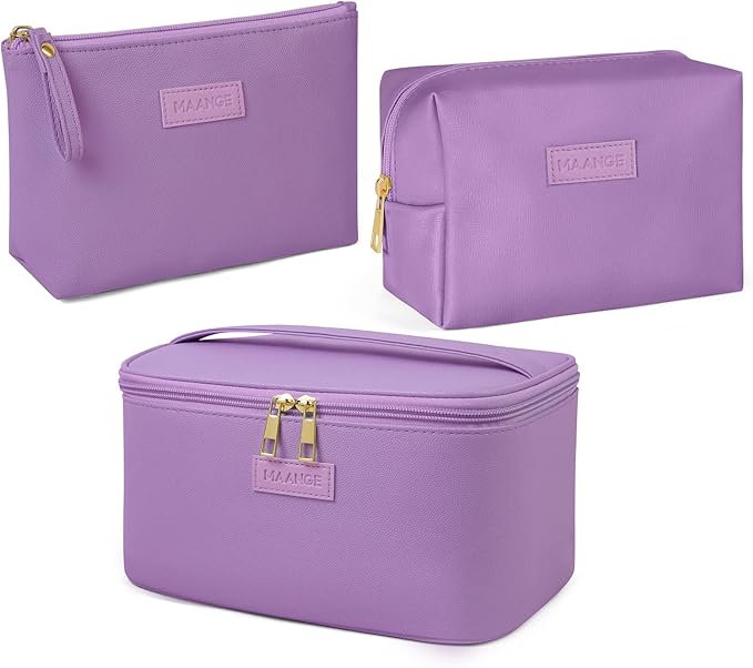 MAANGE Travel Makeup Bag - Large Makeup Bag with 2pcs Small Makeup Bag Portable Leather Cosmetic Bag Toiletry Bag Make Up Bags for Women and Girls (Purple)