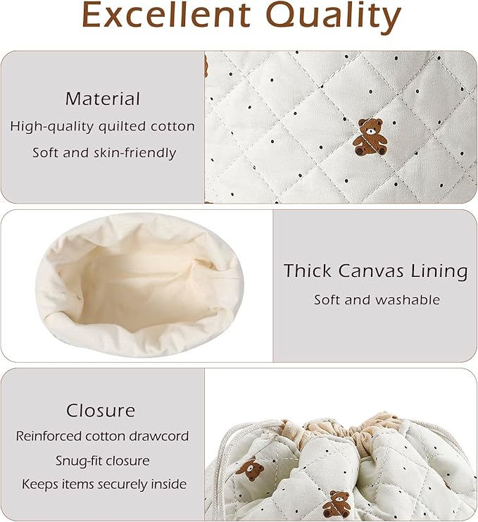 Cotton Quilted Drawstring Makeup Bag with Canvas Lining,Coquette Aesthetic Cute Travel Toiletry Bag,Drawstring Gift Bag for Women and Girls（15Dot Bear）