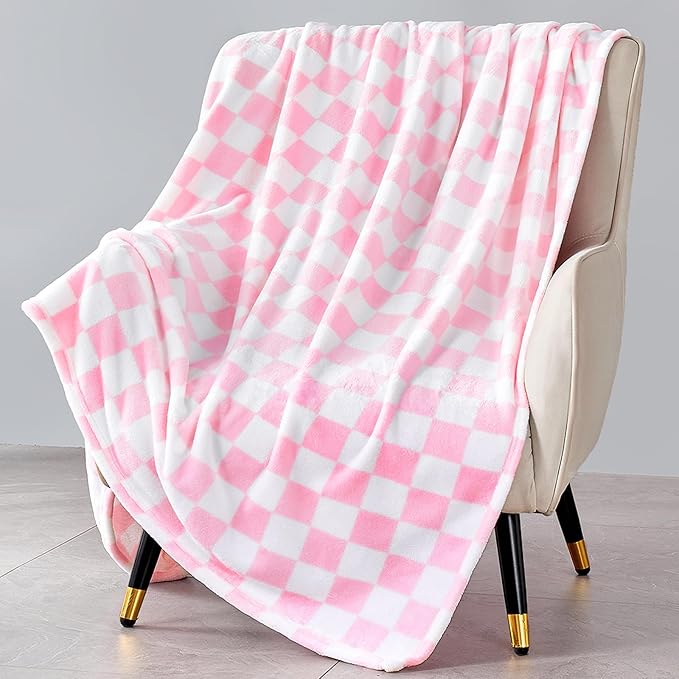 Pink Checkered Blanket, Ultra Soft Fleece Checkered Throw Blankets for Couch Bed and Travel, Luxury Throws for All Seasons, 60x80 Inch, Pink