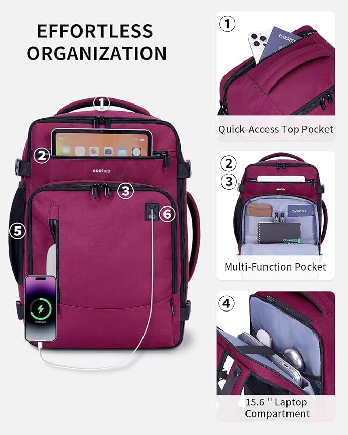 ECOHUB 17" Small Travel Backpack, United Airlines Personal Item Bag 17x10x9 with 16 Pockets, Water Resistant Rucksacks Fit 15.6" Laptop, AirTag Pocket, Lightweight Casual Daypack, 25L, Red