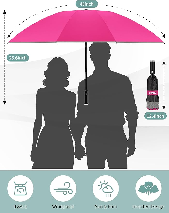 Seniny Inverted Travel Umbrella Compact - Windproof Umbrellas for Rain with Reflective Strip, Large UV Umbrella for Sun Protection, Automatic Portable Umbrellas Fold in Reverse for Car, Backpack