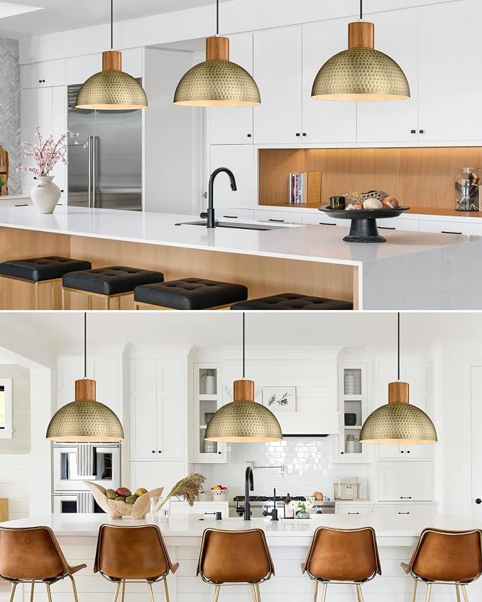 ELYONA 2 Pack Hammered Pendant Lights 12” Vintage Metal & Wood Dome Hanging Lamp Antique Gold Industrial Kitchen Pendant Light Fixtures for Island, Farmhouse, Dining Room, Sink, Hallway, Brushed Brass