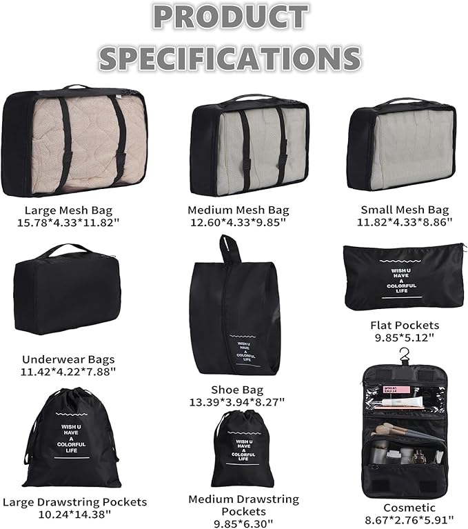 9 Set Packing Cubes for Travel Essentials, Suitcase Organizer Bags for Airplane Road Trip Camp - Black