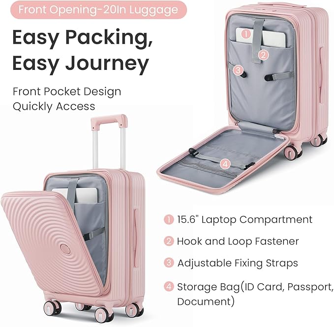 3 Piece Luggage Set 100% PC Hardshell, Front Opening Expandable Suitcase (20/24/28) with Laptop Compartment & Free Custom PVC Covers, Trunk Style Lightweight Spinner Wheels TSA Lock (Pink)