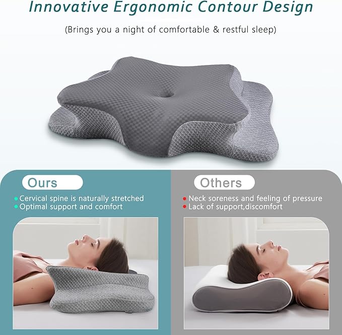 Cervical Neck Pillow for Pain Relief Sleeping, Memory Foam Pillows, Ergonomic Side Sleeper Pillows, Orthopedic Neck Support Pillow for Back Stomach Sleepers-King Size Grey&Grey