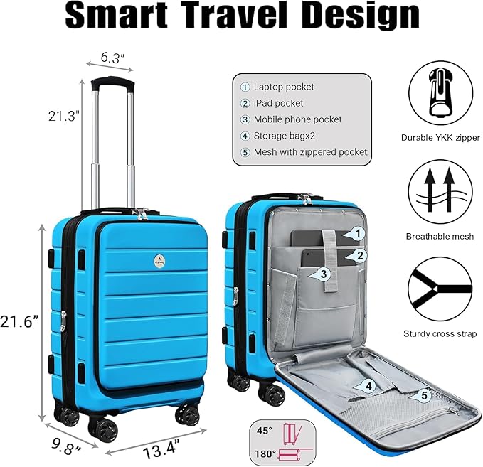 Classic 20" Carry-On with TSA Lock Spinner Wheels, Lightweight Hardside Expandable Suitcase with Front Open Pocket Compartment, Blue