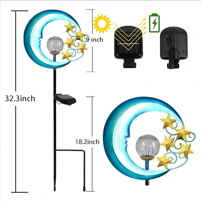 Solar Decor Garden Lights - Powered Lights Outdoor Decorative Lights | EPROSMIN Waterproof Pathway Crackle Glass Globe Led Landscape Lighting for Pathway,Yard,Lawn,Patio Stars Moon