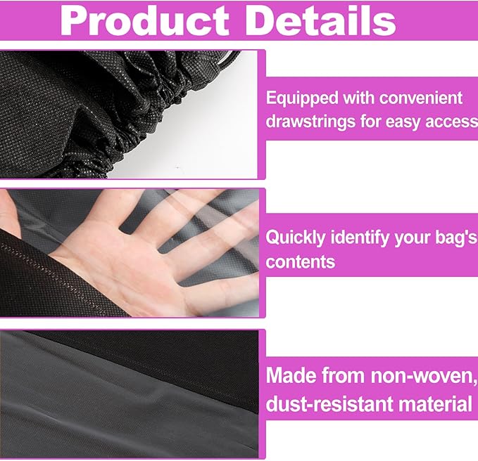 12 Pcs Shoe Bags for Travel, Dust Bags for Handbags, Dustproof Drawstring Bags in 4 Size, Breathable Non Woven Fabric Storage Bag for Handbags Shoes Purses, Black