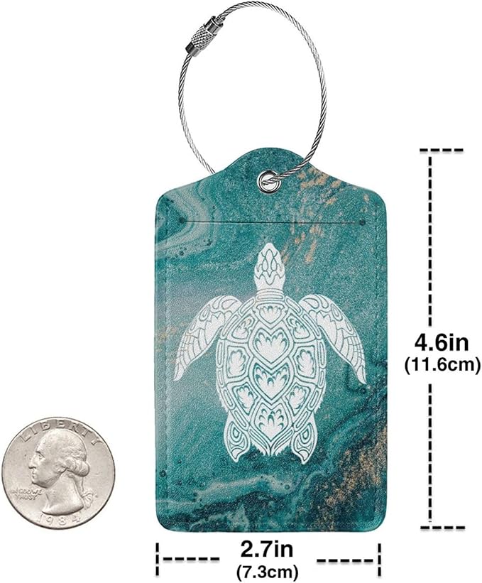 2 Pack Luggage Tag Green sea Turtle Travel PU Cute Leather Luggage Tag Name ID Labels with Privacy Cover Suitcases Women Men Girls Boys Fun Laggage Tags (Green sea Turtle)