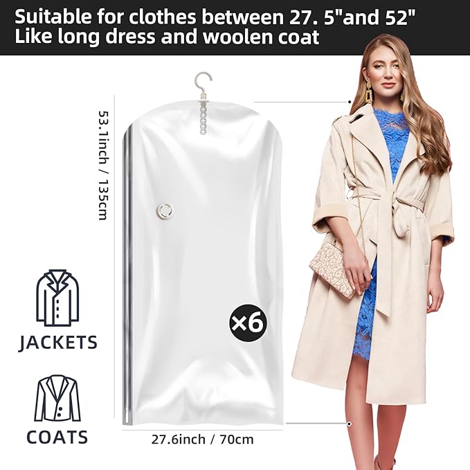 Hanging Vacuum Storage Bags, 6 Pack Hanging Storage Bags for Clothes With Electric Pump, Vacuum Sealed for Suits, Dress, Jackets (6 Long)