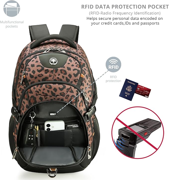 Swissdigital Laptop Backpack with USB Charging Port, Travel Backpack Fits 15.6 inches Computer, 31L Backpack for Men and Women, Brown Leopard | SD803-103