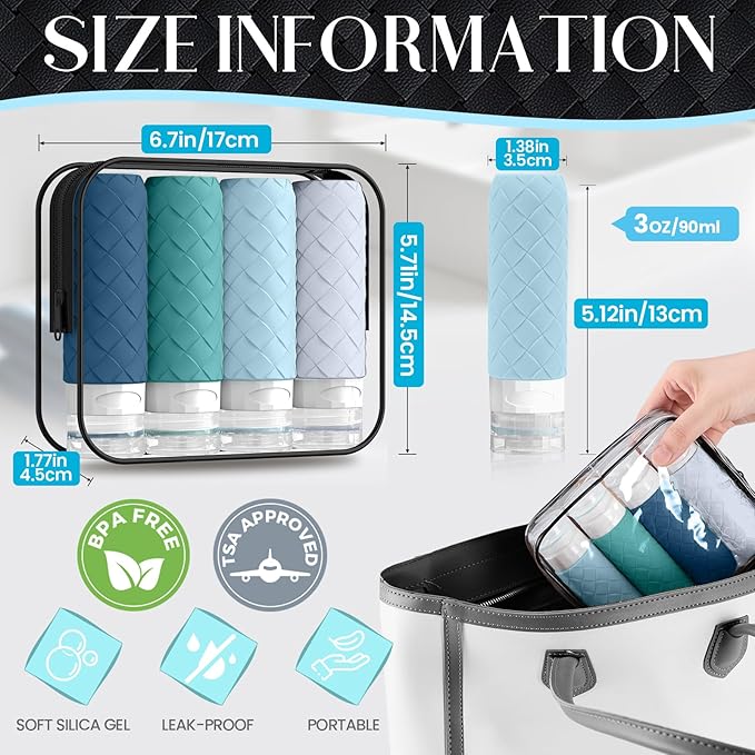 Travel Bottles for Toiletries, TSA Approved Silicone Travel Size Containers for Toiletries, BPA Free Leak Proof Refillable Essentials Accessories, Shampoo and Conditioner Bottles (Mint Greeen)