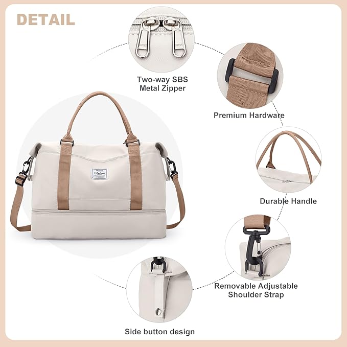 Weekender Bags for Women, Travel Duffel Bags with Shoe Compartment,Personal Item Travel Bag for Airlines, Carry on Overnight Tote Bag for Women with Toiletry Bag，Beige&Brown