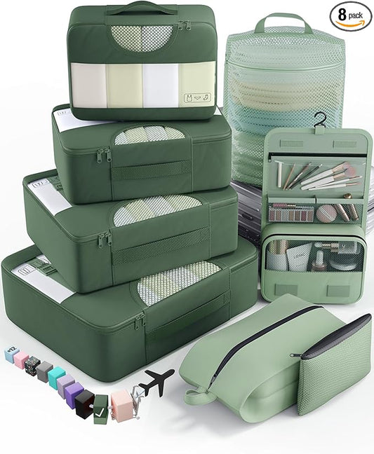 Veken 8 Set Packing Cubes for Travel Essentials, Suitcase Organizer Bags in 4 Sizes, Carry-On Luggage Accessories with Large Laundry & Hanging Toiletry Bag, Must-Have for Airplane, Road Trip & Camping