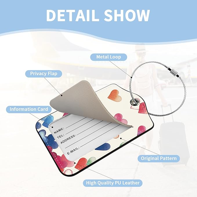 2 Pcs Luggage Tags for Suitcases, Love Heart Cute PU Leather Suitcase Tag Privacy Cover Name ID Label with Metal Loop, Personalized Baggage Identifier for Women Cruise Bag Travel Essentials