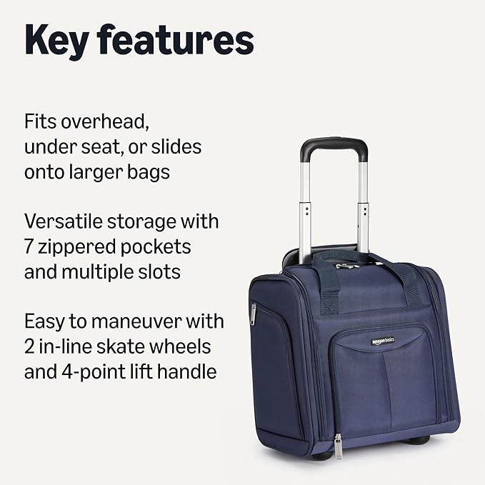 Amazon Basics Underseat Carry-On Luggage with Wheels and Handle, 14" Rolling Travel Bag, Fits Overhead Bins, Organized Compartments, Navy