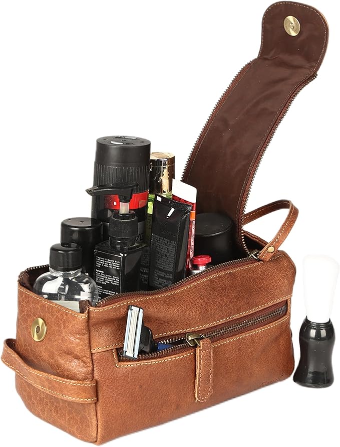 KomalC Premium Buffalo Leather Toiletry Bag for Men & Women With Water resistant Lining, Grooming Travel Pouch, Unisex Wash Bag for Toiletries, Gifts for Men and Women