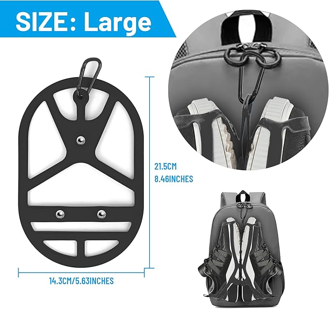 2 Pack Shoe Holster for Backpack with Clip Hanger, Shoe Holder for Sneakers, Cleats, for Travel, Outdoors, Sports (Large, Black)