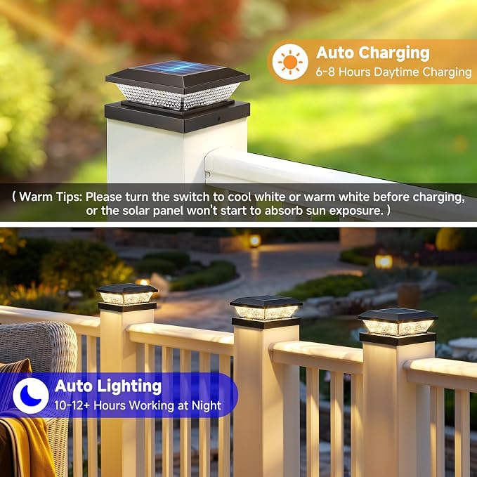 4x4 Solar Post Cap Lights Outdoor 12 Pack, Waterproof Solar Fence Light for Wooden/Vinyl Post, 2 Color Outside Deck Patio Porch Decor, Black