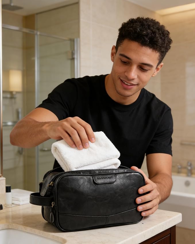 BAGSMART Large Toiletry Bag for Men, High-gloss PU Leather Travel Bag for Toiletries, Dopp Kit Water Resistant Shaving Bag for Bathroom Shower-Black