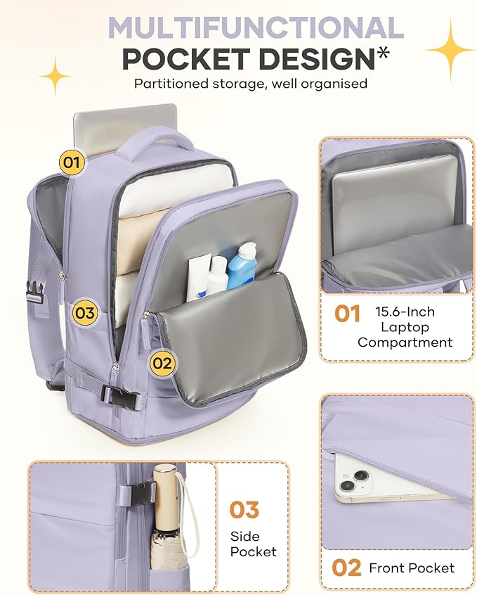 Carry On Backpack Personal Item Travel Backpack For Women Airline/Flight Approved Waterproof Sports Luggage Casual Daypack Small Hiking Backpack Purple