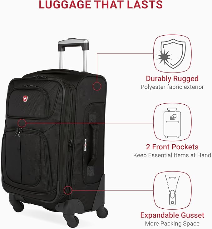 SWISSGEAR Sion Softside Expandable Spinner Luggage Durable Lightweight Travel Suitcase, Black, 2-Piece Set (21/29)