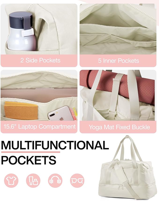 Weekender Bags for Women, BAGSMART Travel Duffel Bags with Shoe Compartment,Personal Item Travel Bag for Airlines, Carry on Overnight Tote Bag with Toiletry Bag (Light Beige,2pcs)