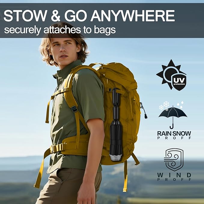 Windproof Compact Travel Umbrella,Large Strong but Light Portable and Automatic Folding Rain Umbrella, small inverted for travel size
