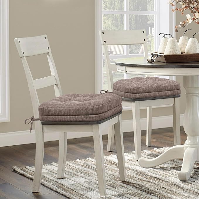 Shinnwa Dining Chair Cushions Set of 2, Dual-Layer Memory Foam Kitchen Chair Cushions, Patented Design Seat Pads with Ties, 16.5 x 16.5 x 3.5in, 2 Pack, Light Brown