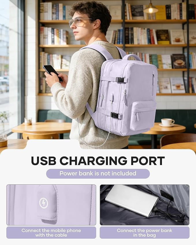 VECAVE Vacuum Backpack Travel with Pump, Expandable Personal Item Carry on Backpacks for Women Men, Laptop Waterproof Work Compression bags with USB Casual Daypack Purple