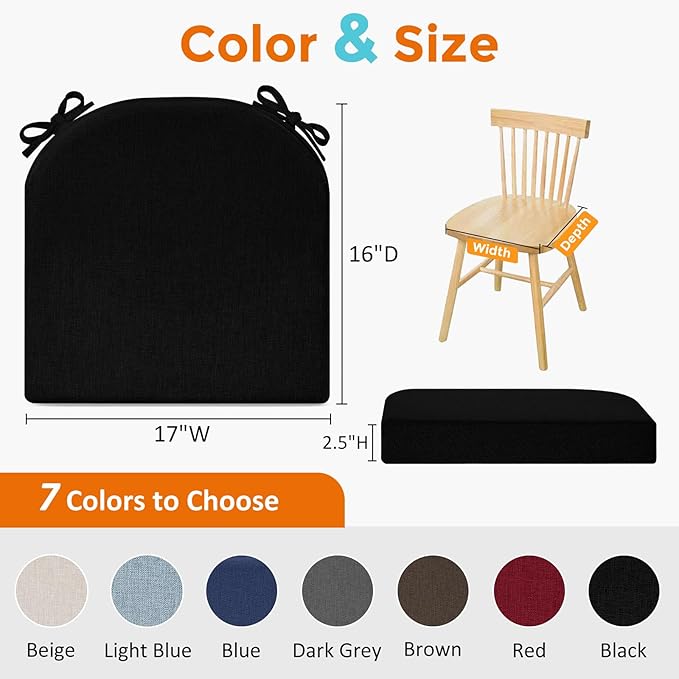 downluxe Chair Cushions for Dining Chairs, Memory Foam Linen Kitchen Chair Pads with Ties, Waterproof, Stain-Resistant and Washable Cover, 17" x 16" x 2.5", Black, 6 Pack