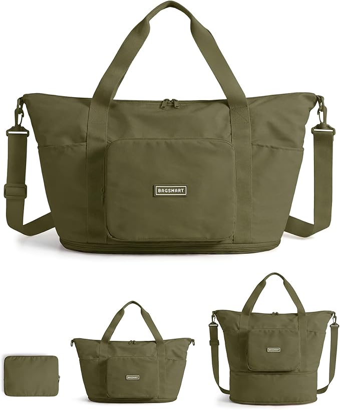BAGSMART Foldable Travel Bag, 37L Duffle Bag for Travel, Expendable Carry on Weekender Duffel, Lightweight Personal Item Bag, Kelp Green
