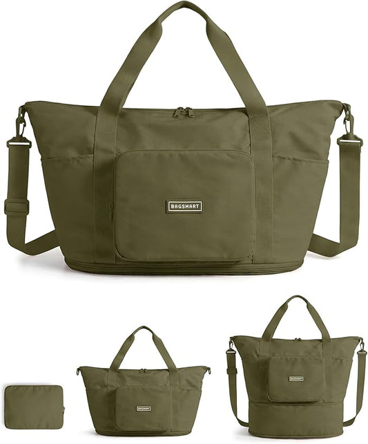 BAGSMART Foldable Travel Bag, 37L Duffle Bag for Travel, Expendable Carry on Weekender Duffel, Lightweight Personal Item Bag, Kelp Green