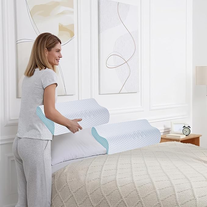 Memory Foam Pillows 2 Pack Neck Pillow - Neck Support Pillow for Pain Relief, Ergonomic Cervical Pillow for Sleeping, Orthopedic Contour Bed Pillow for Side, Back, Stomach Sleepers,Blue