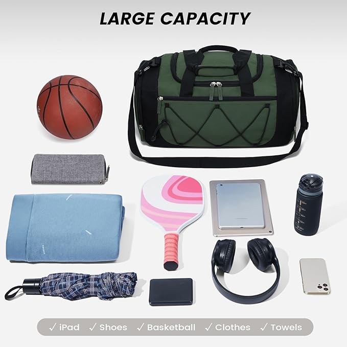 Vorspack Gym Bag for Men - 18 Inches Small Duffle Bag for Travel Lightweight Duffel Bag with Shoe Compartment Personal Item Travel Bag Weekender Bag for Travel Sports Gym - Green