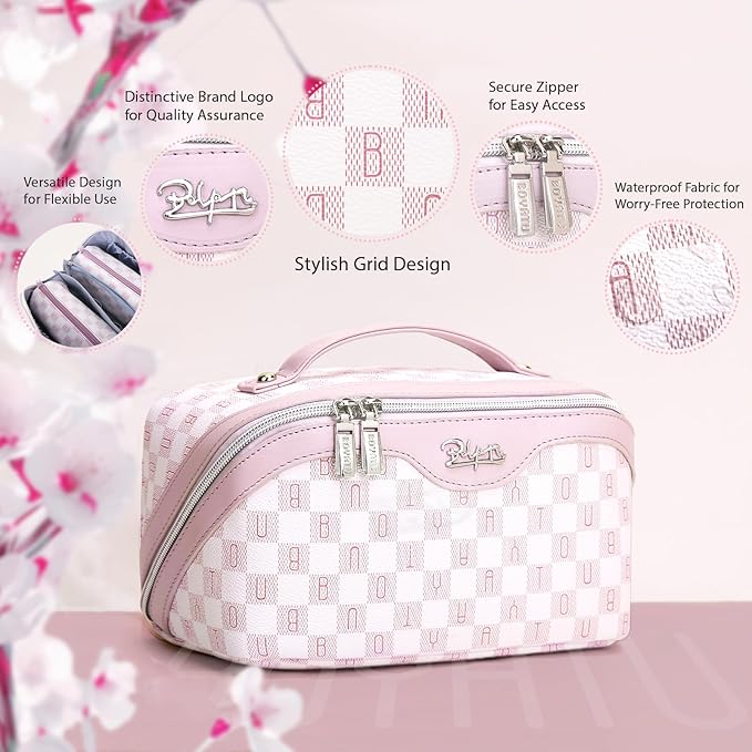 BOYATU Travel Makeup Bag Organizer Cosmetic Bag: 3 Pcs Set Make up Bags for Women with Handle - Waterproof Vegan Leather Toiletry Bags Travel Essentials Pouch with Compartments (H-05-Pink)