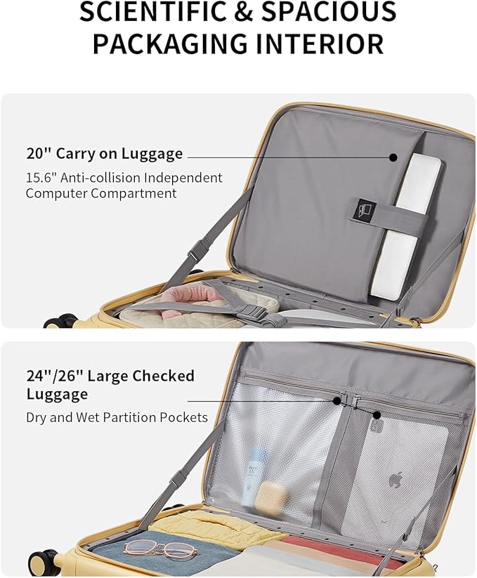 aji Expandable Top Opening 26 Inch Checked Luggage with Spinner Wheels, Large Suitcase with TSA Lock, Hard Shell Travel luggage Suitcases for Men Women, for 20+Days Travel, Cheese Yellow