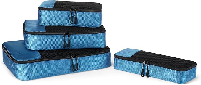 Amazon Essentials 4-Piece Packing Cubes Travel Accessories Set, Luggage Organizer with Double Zipper, Mesh Top, 100% Polyester, Small/Medium/Large/Slim, Sky Blue (Previously Amazon Basics)