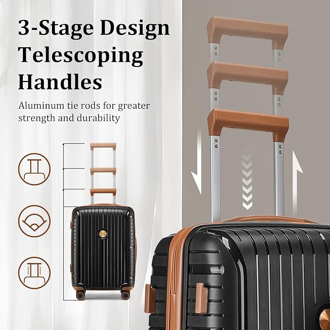 Joyway Luggage Sets 6 Piece PP Hardside Carry on Suitcase with Spinner Wheels and TSA Lock for Travel, Black Brown