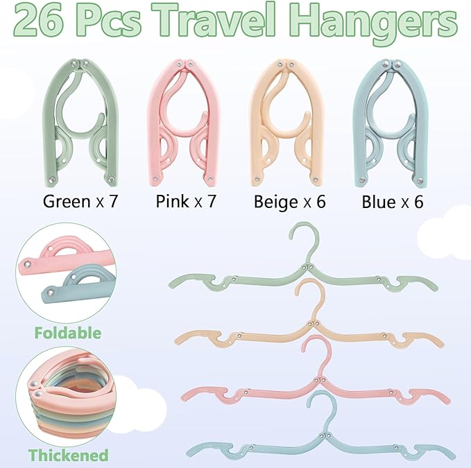 26Pcs Travel Hangers - Portable Folding Hangers Foldable for Cruise Ship Essentials Suitcase Camping Flying RV Outdoor Travel Home Drying Rack (4 Colors)