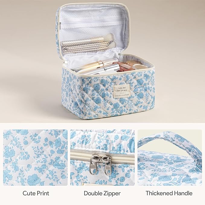 HBselect Quilted Makeup Bag, 3PCS Cotton Large Travel Makeup Bag, Cute Floral Coquette Make up Bag Cosmetic Bag Toiletry Bag for Women Girls