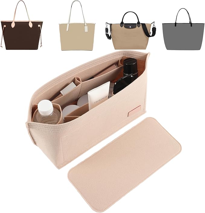 Doxo Purse Organizer Insert for Handbags & Base Shaper 2pc Set, Felt Organizer Insert Large Tote, Bag Organizer with Zipper 5 Sizes, Fit Speedy 30 Neverfull MM and More(Beige-L-Combination)