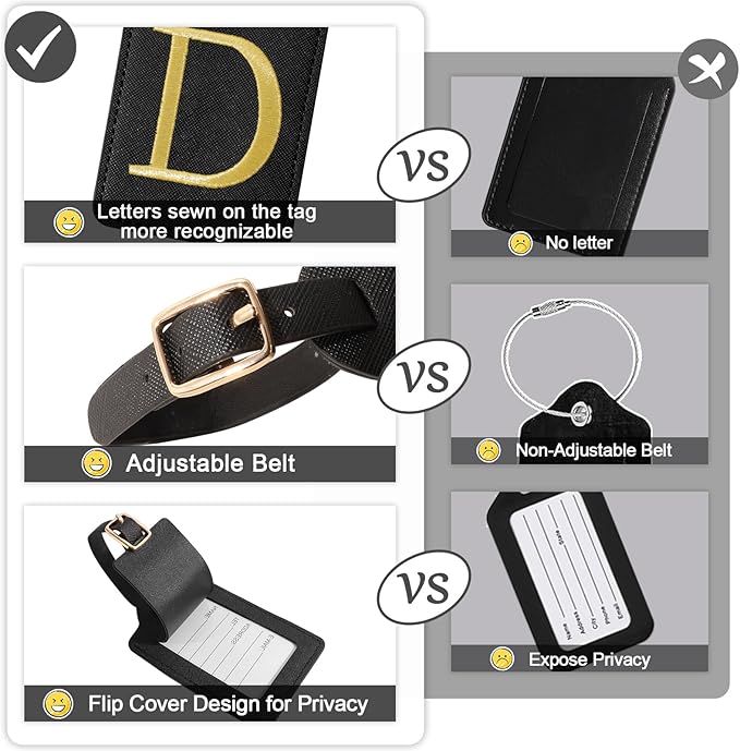 Initial Letter Luggage Tags for Suitcases, Embroidered Monogrammed Suitcase Luggage Identifier Name Tag, PU Leather TSA Approved Luggage Tags, Bag Tags for Men Women Kids Luggage Handbags(Black D)