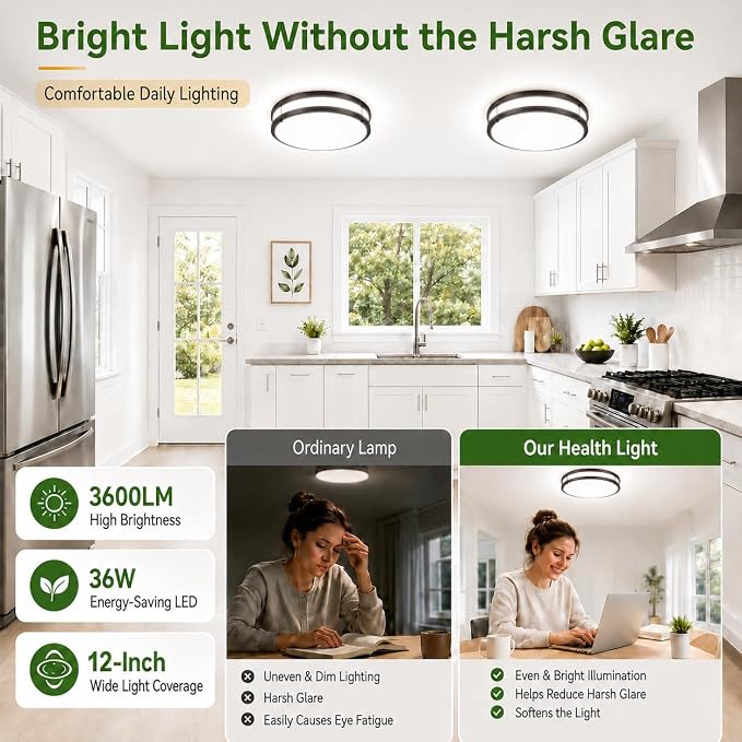 13inch 36W LED Ceiling Light, 1-Pack Oil Rubbed Bronze Flush Mount Light Fixture, 3600LM 2700K/3000K/4000K/5000K/6500K Selectable Ceiling Light, Modern Dimmable Lighting for Kitchen Hallway Bathroom