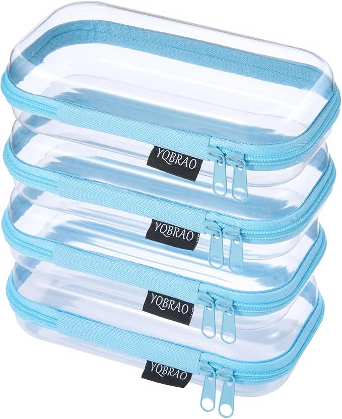 YQBRA 4 Pack Clear Hard Shell Zipper Case, See-Through Hard Plastic Organizer Pouches with Zipper for Travel, Toiletries, Makeup, Electronics & Pencils - Crush-Resistant Storage (S Blue)