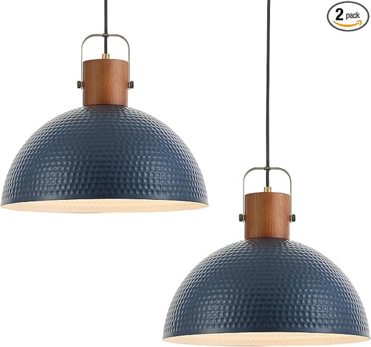 ELYONA 2 Pack Large Ash Wood Pendant Light Fixtures 16 Inch Hammered Metal Dome Hanging Lamp with Brass Handle Chandeliers for Farmhouse Kitchen Island Dining Room Sink Bedroom Hallway, Modern Blue